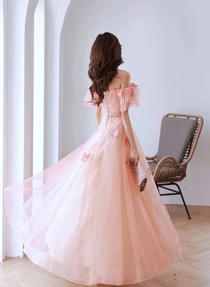 Pink A-line Tulle Off Shoulder Beaded Prom Dress